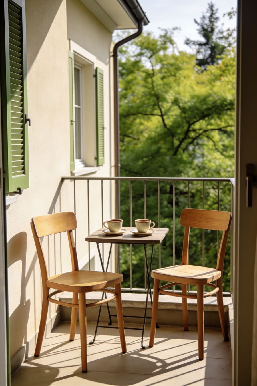 Kleiner Balkon mit zwei Stühlen und Espressotassen.