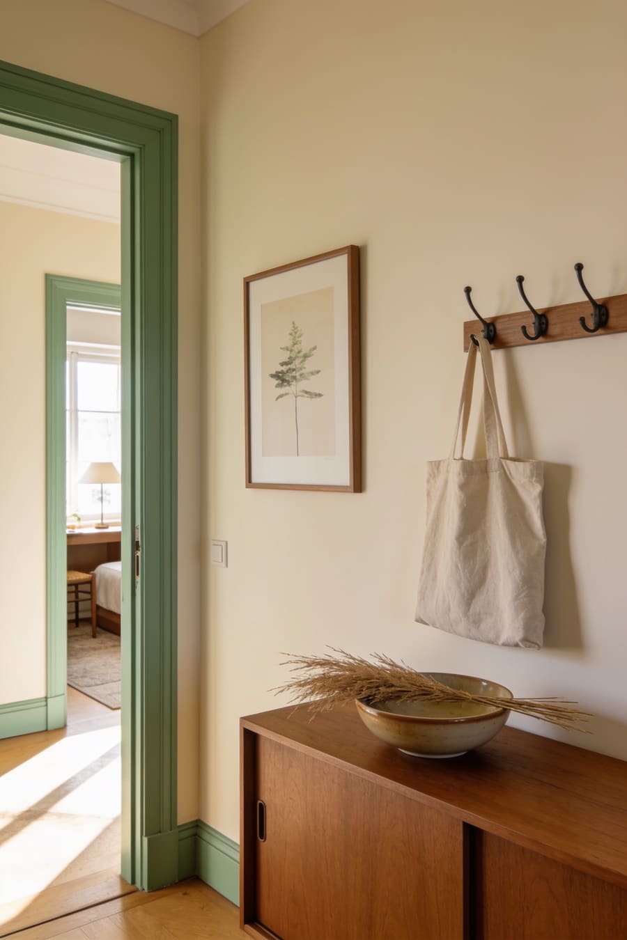 Eingangsbereich mit Sideboard, Keramikschale und Naturprint (Einrichtungsbeispiel).