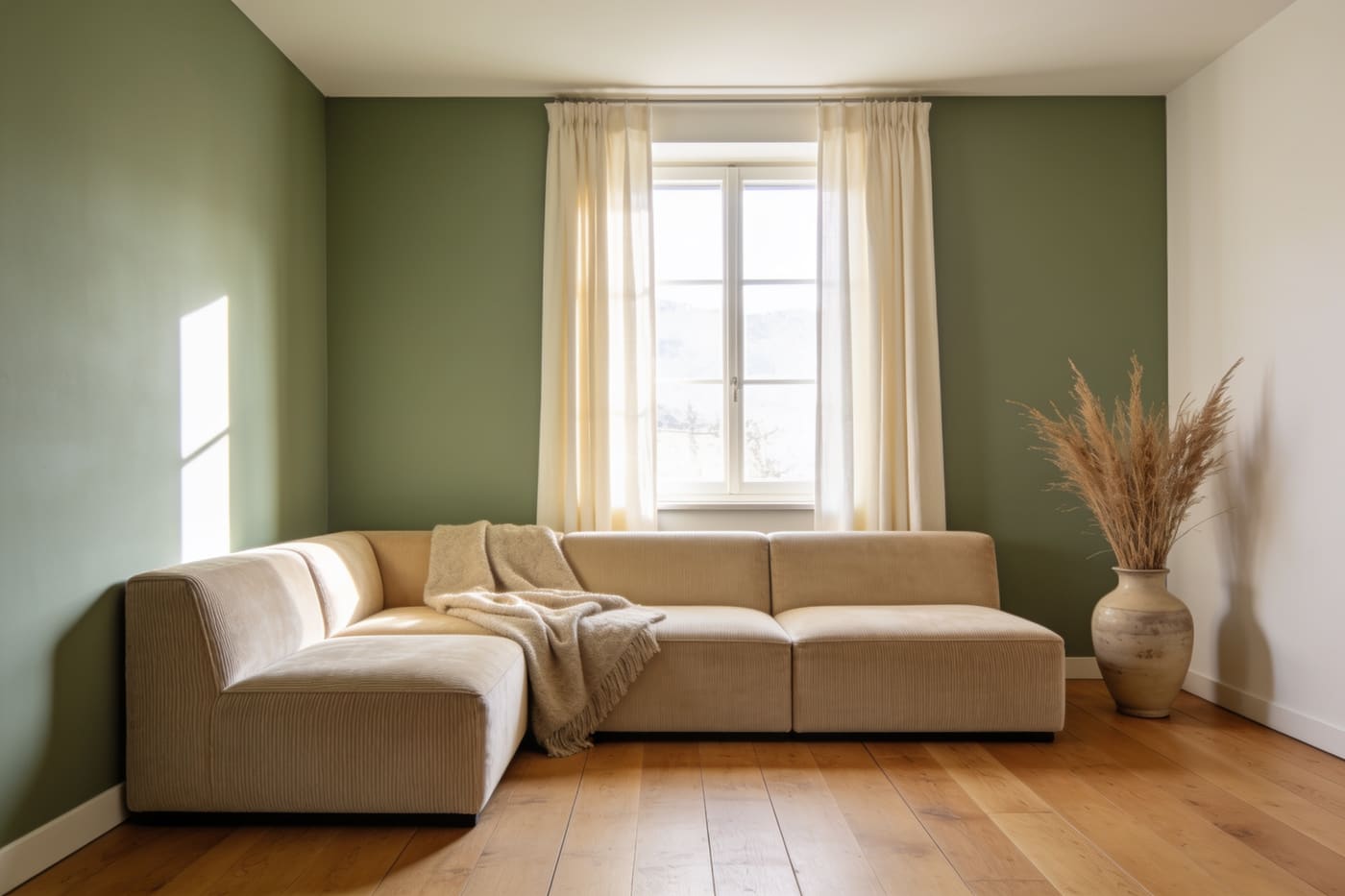Wohnzimmer mit Cordsofa, Wolldecke und grosser Bodenvase am Fenster.