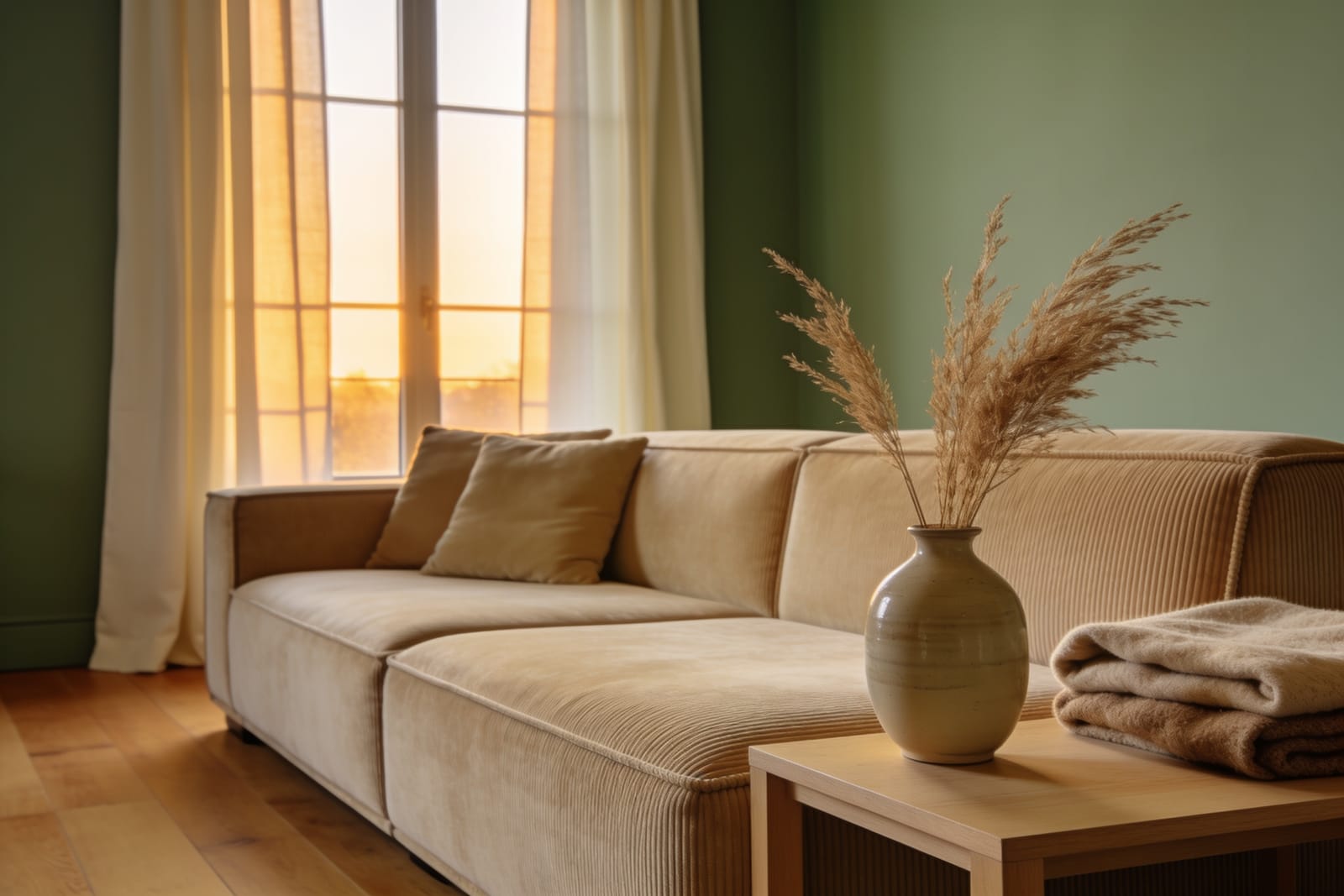 Wohnzimmer im 21rooms-Standard: helles Sofa, Holz, warmes Abendlicht.