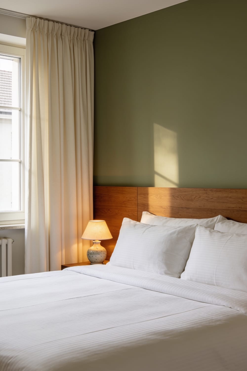 Schlafzimmer mit frisch bezogenem Bett im Hotelstandard.